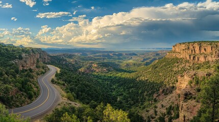 Wall Mural - Panoramic view of an asphalt road disappearing into the horizon, winding through a verdant valley