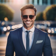 Wall Mural - handsome caucasian businessman in suit with sunglasses smiling at camera portrait