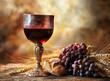© HafizMuhammad - Artistic representation of Holy Eucharist with bread and wine. Grapes and wheat stalks on an old wooden table. Serene atmosphere.