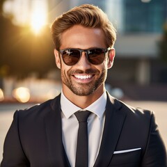 Wall Mural - handsome caucasian businessman in suit with sunglasses smiling at camera portrait