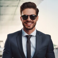 Wall Mural - handsome caucasian businessman in suit with sunglasses smiling at camera portrait