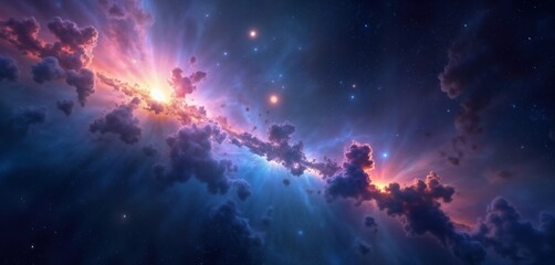 Cosmic nebula glows with vibrant colors. Deep space galaxy shows stellar formations. Intense light beams through clouds. Amazing universe view for posters wallpapers. Dramatic celestial display.