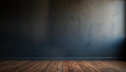 Aufkleber - Empty room interior with dark gray wall, wooden floor. Stylish, modern design. Suitable for product placement interior design. Simple studio backdrop. Modern empty room style. Dark space suitable for