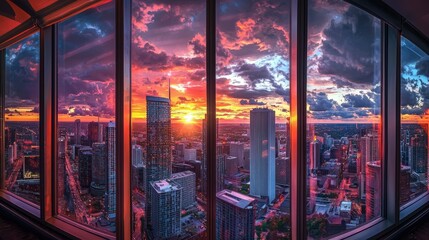 Poster - Vibrant sunset cityscape viewed through panoramic windows.