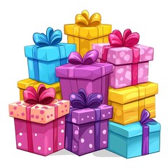 Wall Mural - A Colorful Stack of Cartoon Gift Boxes with Brightly Colored Ribbons.