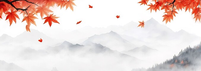 Wall Mural - Serene autumn landscape Misty mountains, red maple leaves falling.