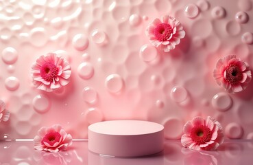 Poster - Pink podium with flowers, bubbles on pink surface. Trendy cosmetic background for product display. Gentle light highlights smooth texture, clear water effect. Perfect for beauty, spa themes summer