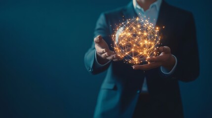 Poster - A business professional holds a glowing sphere of light, symbolizing innovation, technology, and a bright future in a dark background.