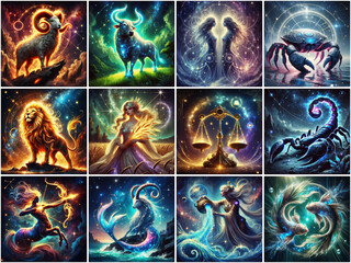 Wall Mural - set of thumbs of all twelve zodiac signs in fantasy style, illustration of astrology concept