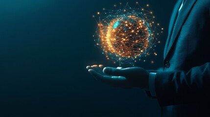 Poster - A hand holds a glowing, digital globe, symbolizing technology, connection, and innovation against a dark background.