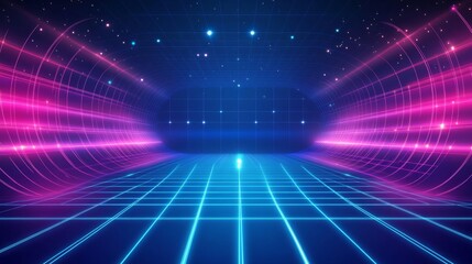 Aufkleber - A vibrant, futuristic virtual space featuring glowing pink and blue lines, creating a dynamic grid effect against a dark backdrop.