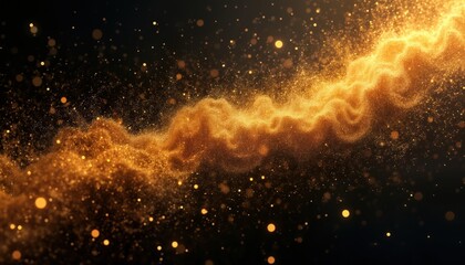 Wall Mural - abstract illustration shows gold dust swirling against dark background. particles of light, gold cre