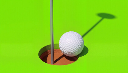 Wall Mural - Golf ball near hole on bright green grass