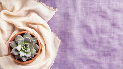 Wall Mural - Succulent Plant in Pot on Linen Fabric Background