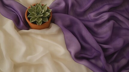 Wall Mural - Succulent Plant in Pot on Cream and Purple Fabric Drape