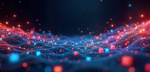Aufkleber - Abstract digital tech background. Futuristic design with glowing shapes, lines. Modern illustration with vibrant colors. Dynamic effect. Cyberpunk style pattern with cubes, circles. Copy space for