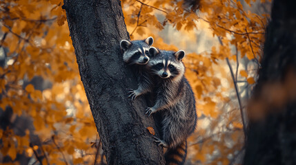 Two raccoons climbing a tree surrounded by autumn leaves in a tranquil forest setting