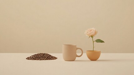 Wall Mural - Aesthetic Coffee Beans Rose Mug Still Life Minimalist Beige Background