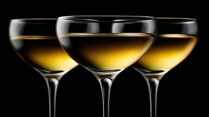 Elegant trio of wine glasses filled with golden liquid against black background