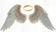 © miss irine - Pair of large white angel wings with golden halo. Isolated on plain white background. Graceful design. Spiritual symbol. Elegant illustration. Ideal for religious themes. Fantasy concept. Represent