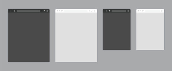 Web browser window light and dark template. Sample frame design Internet page mockup. Blank screen web browser in flat design. Vector illustration