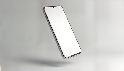 Leinwandbilder - Modern smartphone mockup floats against plain white background. Blank white screen design possibilities. Tech device modern communication, presentation tools. Versatile mockup suitable for app