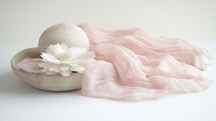 Canvas Print - Serene Minimalist Still Life: Pink Fabric, White Flower, Stone Bowl