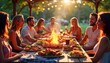 © miss irine - Group of friends, family enjoy 4th of July barbecue outdoors. Seated around long wooden picnic table laden with food. Grilled meats, various side dishes displayed on plates. Fire pit with flames adds
