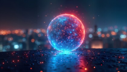 Aufkleber - Glowing orb with vibrant blue, red lights floats in night. Tiny particles sparkle around orb. Blurred cityscape background shows lights of city at night. Surreal tech sphere in dark area with neon