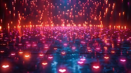 Canvas Print - glowing hearts falling on dark floor.