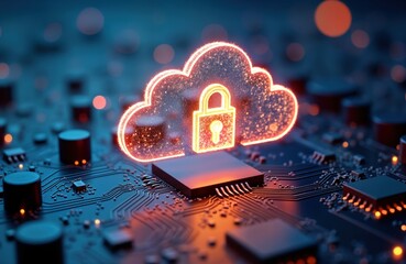 Poster - Glowing cloud icon with padlock hovers over detailed circuit board. Futuristic tech illustration cloud computing security. Safe data storage concept. Modern digital protection. Illustration shows