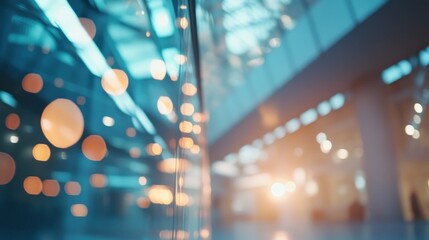 Aufkleber - A blurred interior scene showcasing glass and light reflections in a modern space.