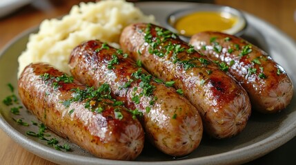 Wall Mural - Savory sausages with mashed potatoes and mustard served on a plate