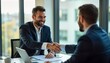 © miss irine - Businessmen exchange handshake. Happy salesperson, client seal deal in modern office. Successful negotiation, deal closing. Sitting in boardroom with documents. Pro business atmosphere. Agreement