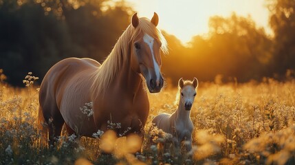 Canvas Print - Majestic horse and foal in a sunlit meadow filled with colorful wildflowers during golden hour