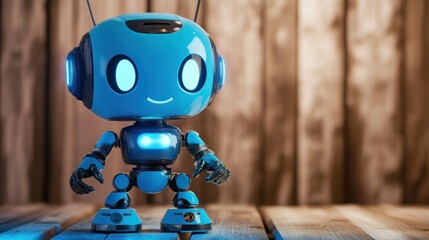 Poster - A cheerful blue robot with glowing features stands on a wooden surface.