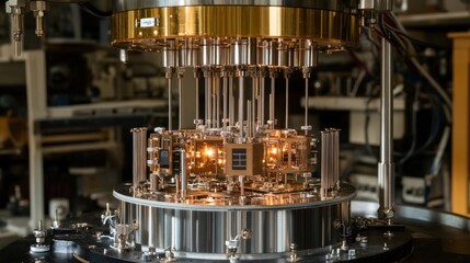 Fototapete - A close-up of a complex quantum computing device with intricate components and glowing elements.