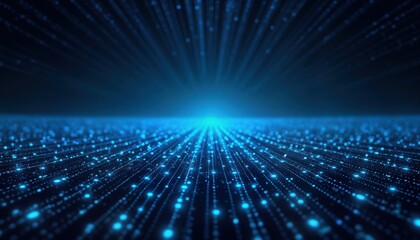 Digital tech illustration shows glowing blue pixel pattern. Abstract geometric square grid on dark background. Motion blur creates dynamic effect. Modern design. Futuristic pattern. Elegant style.