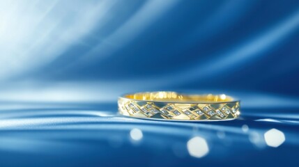 Poster - A close-up of a gold bracelet adorned with diamonds, resting on a soft blue fabric.