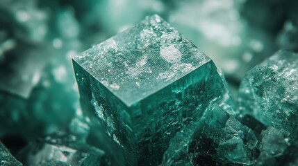 Poster - A close-up of a sparkling green crystal cube among smaller crystal fragments.