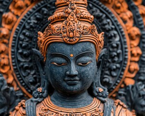 Intricate carving of a buddhist statue cultural heritage site close-up photography serene environment artistic perspective