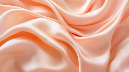 Poster - A close-up of soft, flowing peach satin fabric with gentle folds and textures.