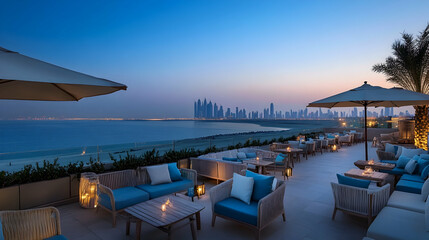 Wall Mural - beach-inspired rooftop restaurant with soft blues, sandy tones and serene views of a glimmering coas