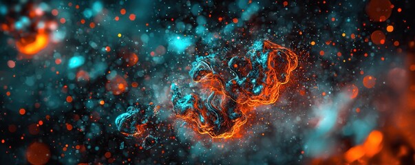Aufkleber - A vibrant cosmic scene featuring swirling colors of orange and teal, resembling a nebula filled with glowing particles and stars.