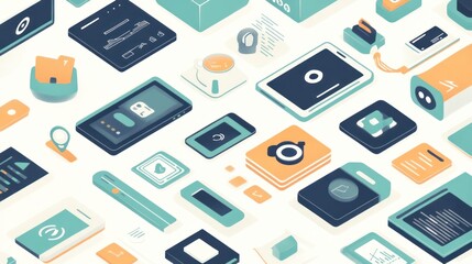 Fototapete - A collection of digital devices and gadgets arranged in a flat design style.