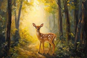 Poster - A Young Fawn Stands in a Sunlit Forest Path