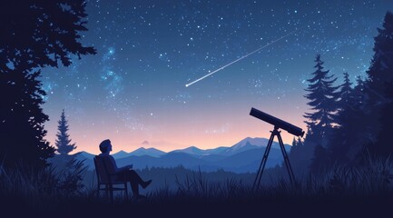 Wall Mural - A person sitting in an outdoor chair, gazing at the starry sky with their telescope pointed upwards. 