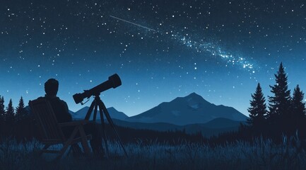 Wall Mural - A person sitting in an outdoor chair, gazing at the starry sky with their telescope pointed upwards. 