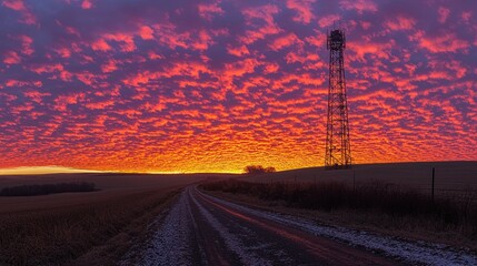 Wall Mural - Vibrant sunset over a snowy rural road and telecom tower.