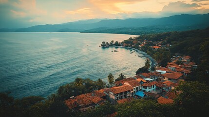 Wall Mural - Coastal town sunset aerial view.